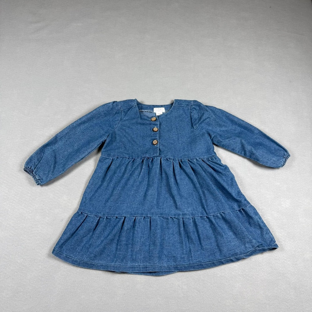 Mud Pie Girls 24M 2T Denim Dress Blue Tiered Long Sleeve Boho Cottagecore Casual